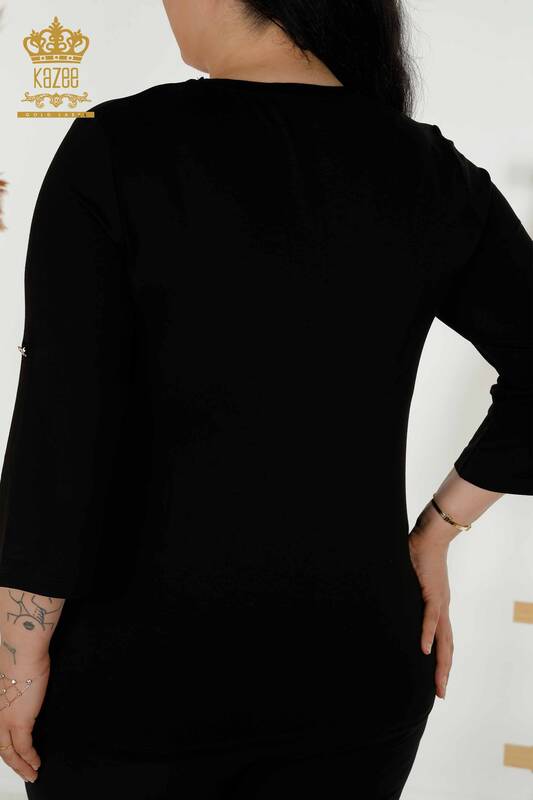 Bluză de damă cu buzunare cu mânecă scurtă neagră - 79234 | KAZEE