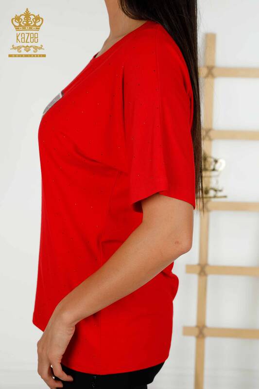 Bluză de damă cu ridicata Crystal Stone brodat roșu - 79389 | KAZEE
