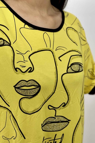 Bluză de damă cu ridicata cu imprimeu facial și gât rotund - 17151 | kazee - Thumbnail