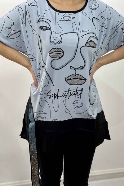 Bluză de damă cu ridicata cu imprimeu facial și gât rotund - 17151 | kazee - Thumbnail