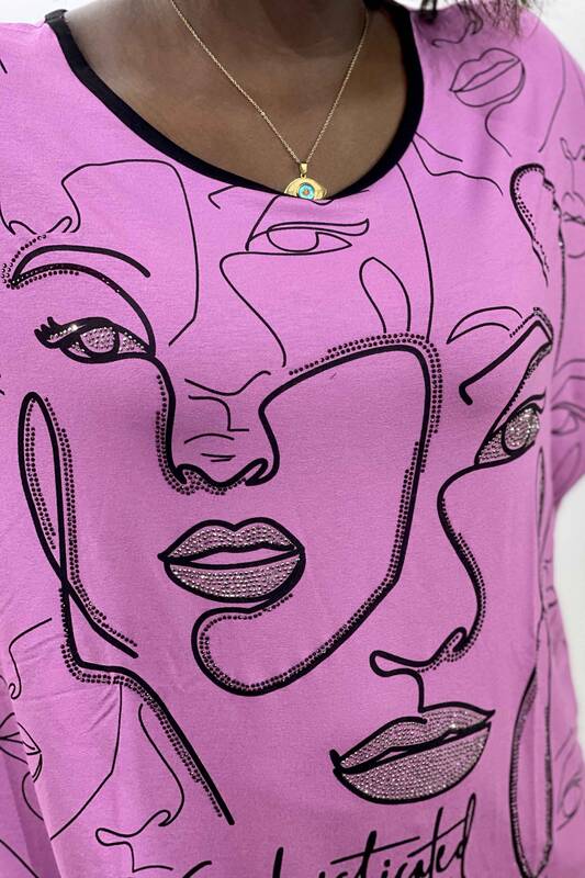 Bluză de damă cu ridicata cu imprimeu facial și gât rotund - 17151 | kazee