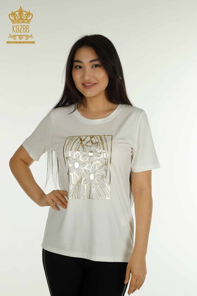 Kazee - Bluză de damă cu ridicata - Floral Model - Ecru - 79528 | KAZEE