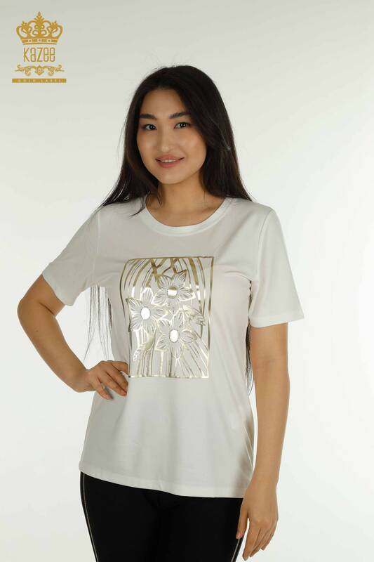 Bluză de damă cu ridicata - Floral Model - Ecru - 79528 | KAZEE