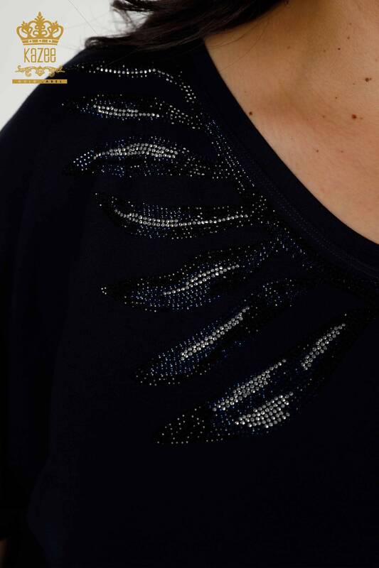 Bluză de damă cu ridicata Frunze cu model bleumarin - 79319 | KAZEE