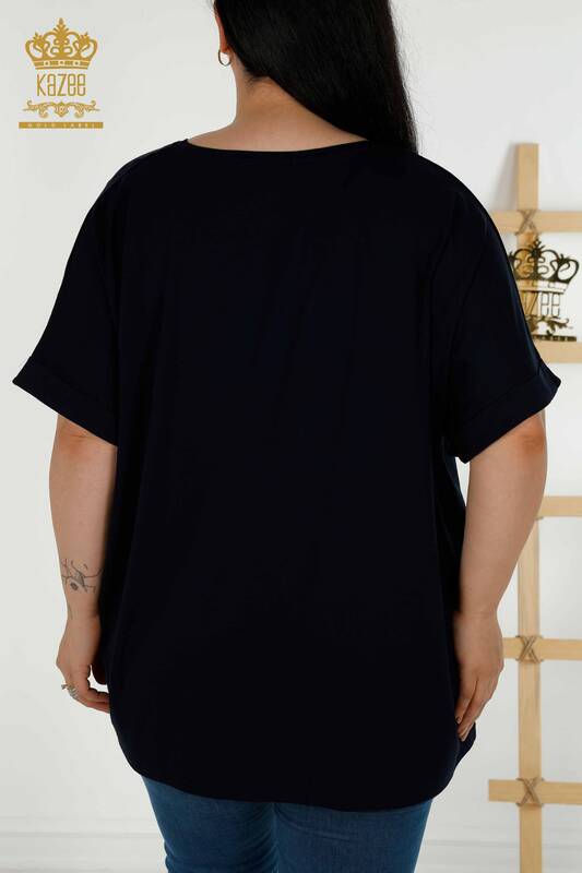 Bluză de damă cu ridicata Frunze cu model bleumarin - 79322 | KAZEE