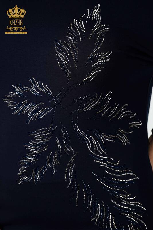 Bluză de damă cu ridicata Frunze cu model bleumarin - 77970 | KAZEE