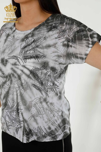Bluză de damă cu mânecă scurtă cu model - 79172 | KAZEE - Thumbnail