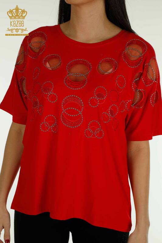 Bluză de damă cu mânecă scurtă cu model roșu - 79094 | KAZEE