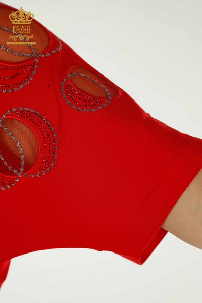 Bluză de damă cu mânecă scurtă cu model roșu - 79094 | KAZEE - Thumbnail