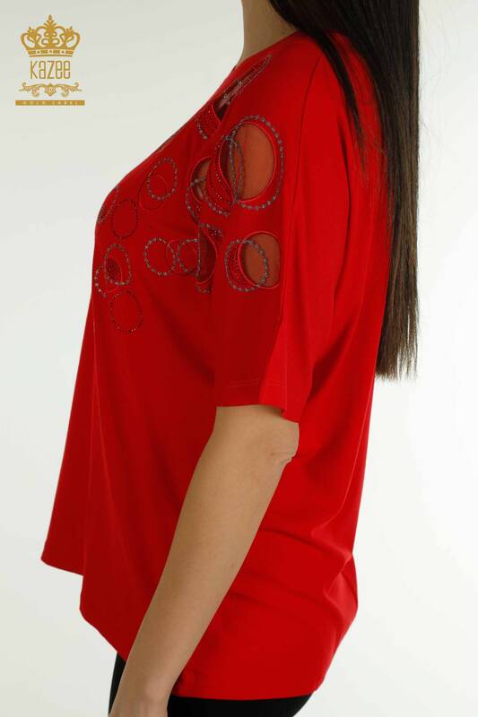 Bluză de damă cu mânecă scurtă cu model roșu - 79094 | KAZEE