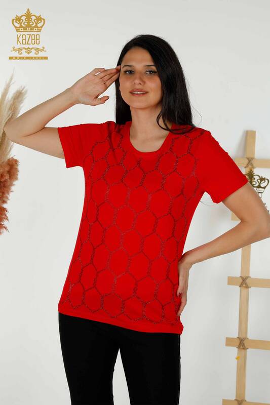 Bluză de damă cu mânecă scurtă cu model roșu - 79304 | KAZEE