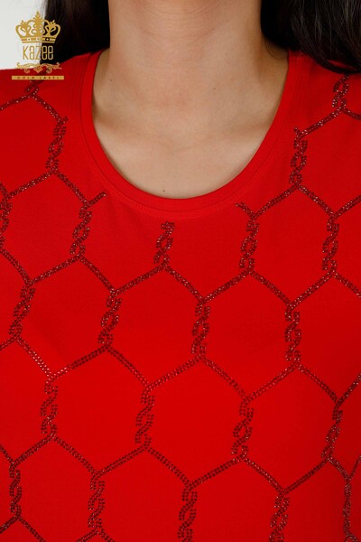 Bluză de damă cu mânecă scurtă cu model roșu - 79304 | KAZEE - Thumbnail