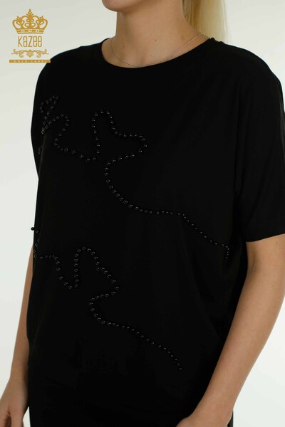 Bluză de damă cu ridicata cu mărgele brodate neagră - 79196 | KAZEE - Thumbnail