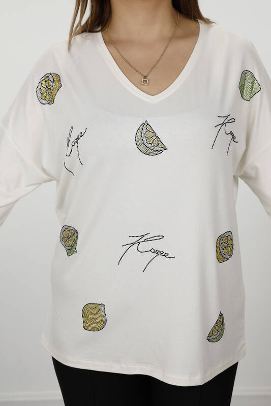 Bluză cu ridicata pentru femei, cu mâneci lungi, cu decolteu în V, brodate cu piatră - 77934 | KAZEE