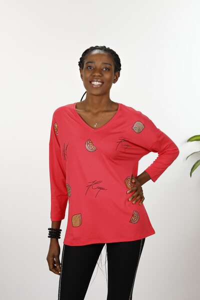 Bluză cu ridicata pentru femei, cu mâneci lungi, cu decolteu în V, brodate cu piatră - 77934 | KAZEE - Thumbnail