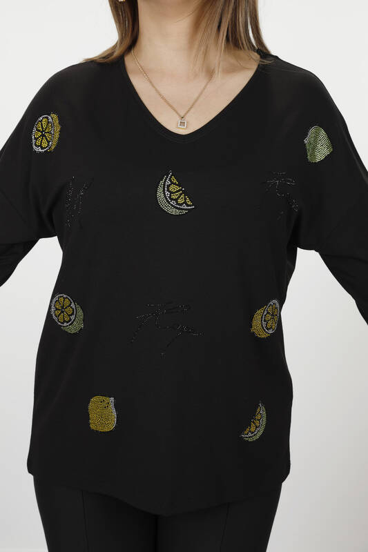 Bluză cu ridicata pentru femei, cu mâneci lungi, cu decolteu în V, brodate cu piatră - 77934 | KAZEE