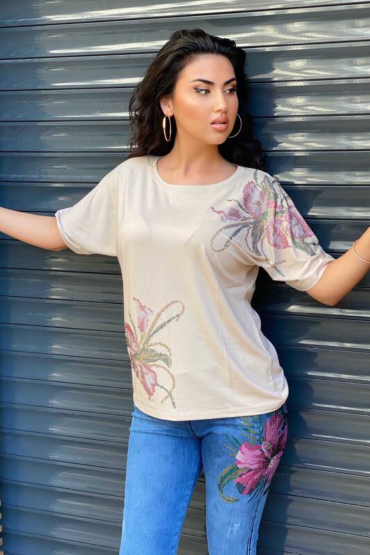 Bluză cu ridicata pentru femei, cu model de flori, brodate cu piatră colorată - 77641 | Kazee