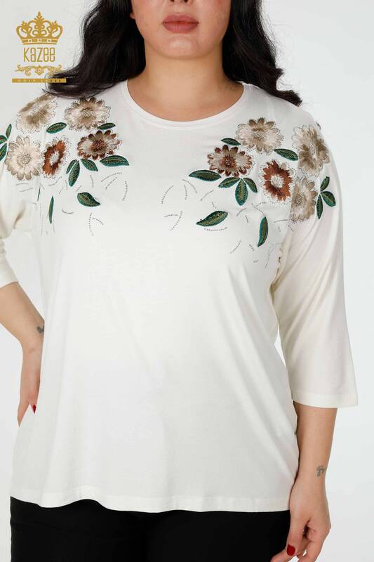 Bluză de damă cu ridicata cu modele florale Ecru - 78947 | KAZEE