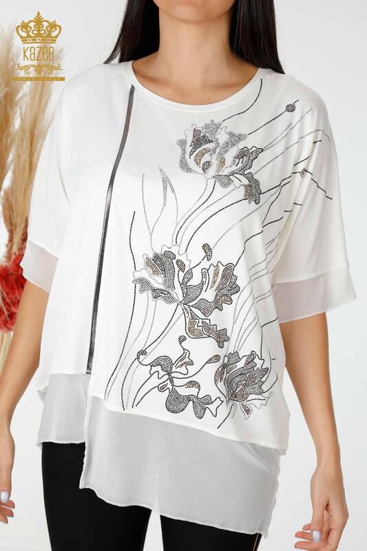 Bluză de damă cu ridicata cu modele florale Ecru - 79028 | KAZEE
