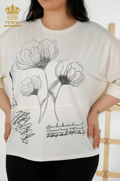 Bluză de damă cu ridicata cu modele florale Ecru - 79059 | KAZEE - Thumbnail