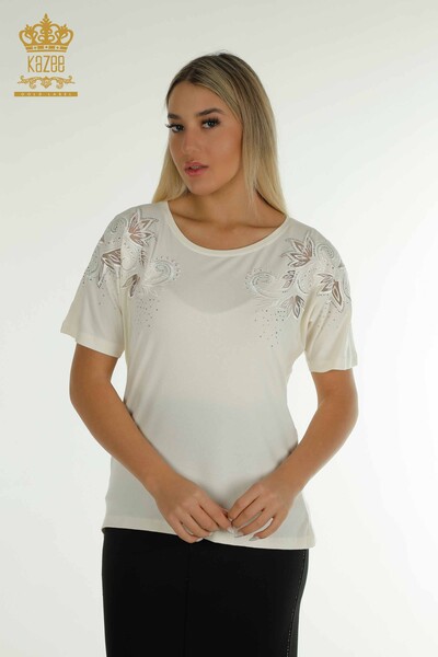 Bluză de damă cu ridicata cu modele florale Ecru - 79093 | KAZEE - Thumbnail