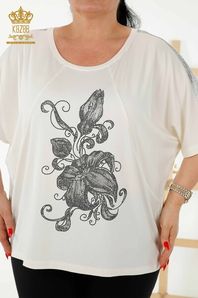 Bluză de damă cu ridicata cu modele florale Ecru - 79121 | KAZEE - Thumbnail