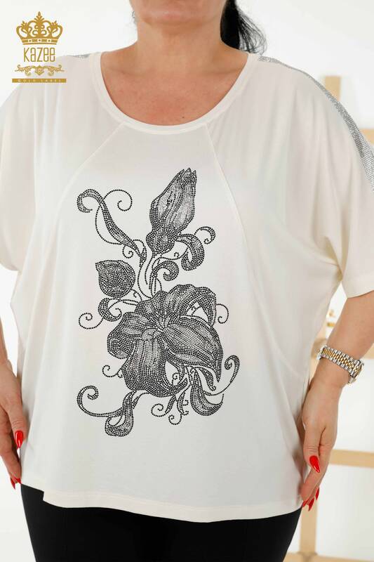 Bluză de damă cu ridicata cu modele florale Ecru - 79121 | KAZEE