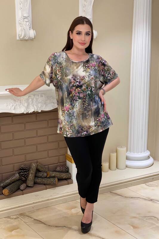 Bluză cu ridicata pentru femei, cu mânecă scurtă, cu modele florale - 77773 | Kazee