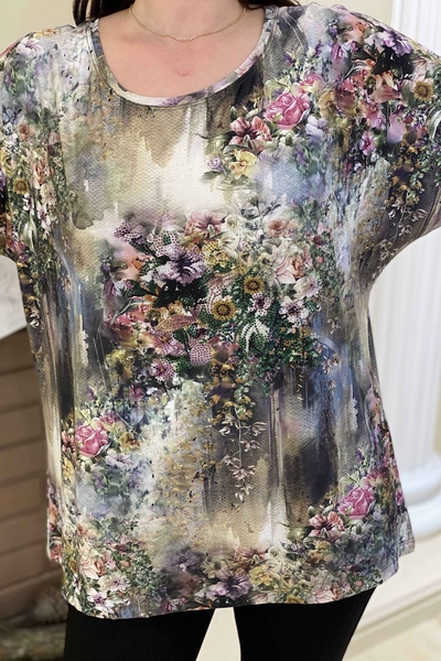 Bluză cu ridicata pentru femei, cu mânecă scurtă, cu modele florale - 77773 | Kazee - Thumbnail