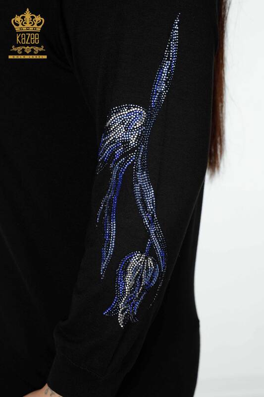 Bluză de damă cu ridicata cu modele florale neagră - 77908 | KAZEE