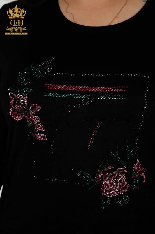 Bluză de damă cu ridicata cu model floral negru - 79042 | KAZEE