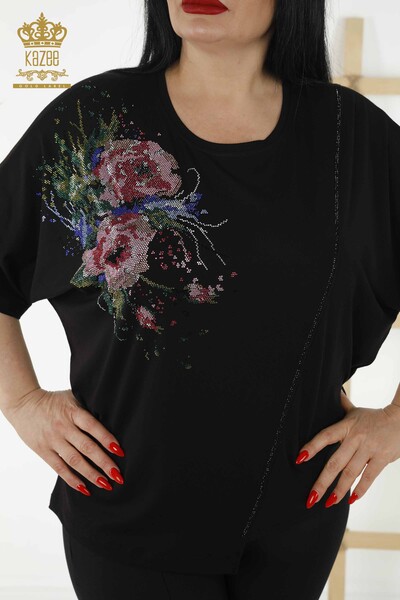 Bluză de damă cu ridicata cu modele florale neagră - 79061 | KAZEE - Thumbnail