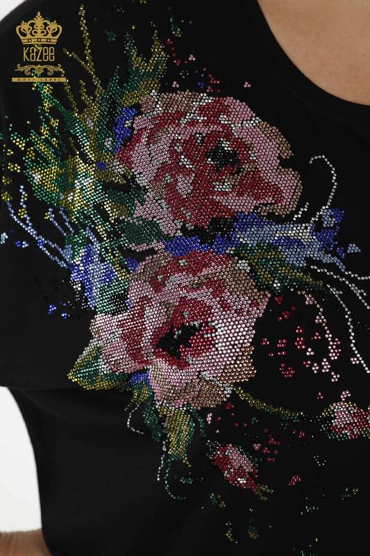 Bluză de damă cu ridicata cu modele florale neagră - 79061 | KAZEE