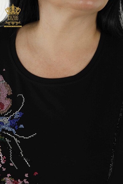 Bluză de damă cu ridicata cu modele florale neagră - 79061 | KAZEE - Thumbnail
