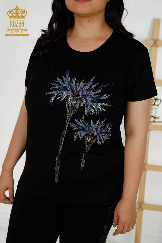 Bluză de damă cu ridicata cu model floral negru - 79369 | KAZEE