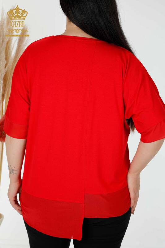 Bluză de damă cu ridicata cu model floral roșu - 79028 | KAZEE