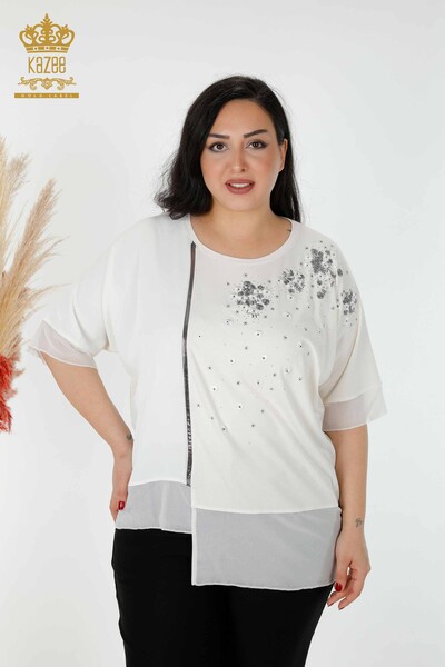 Bluză de damă cu ridicata din tul cu modele florale cu detalii Ecru - 79032 | KAZEE - Thumbnail