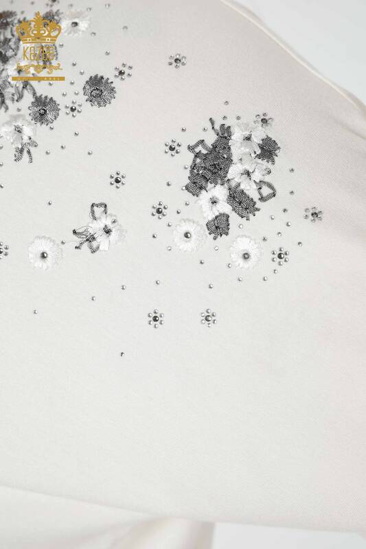 Bluză de damă cu ridicata din tul cu modele florale cu detalii Ecru - 79032 | KAZEE