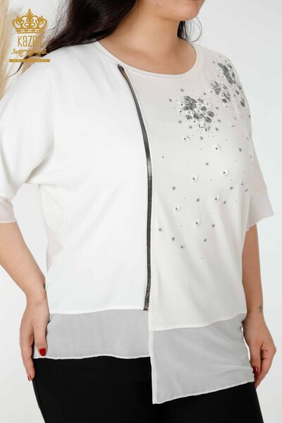 Bluză de damă cu ridicata din tul cu modele florale cu detalii Ecru - 79032 | KAZEE - Thumbnail
