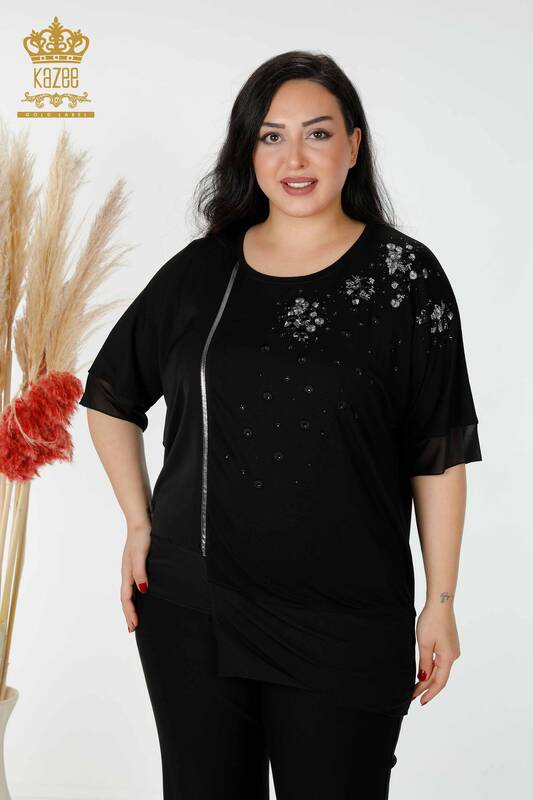 Bluză de damă cu ridicata din tul cu modele florale detaliat negru - 79032 | KAZEE
