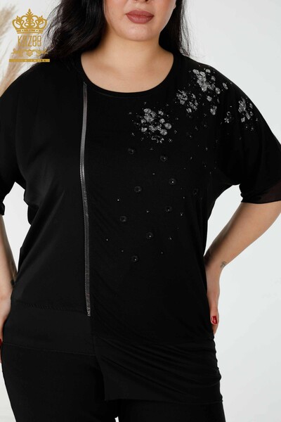 Bluză de damă cu ridicata din tul cu modele florale detaliat negru - 79032 | KAZEE - Thumbnail