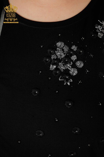 Bluză de damă cu ridicata din tul cu modele florale detaliat negru - 79032 | KAZEE - Thumbnail