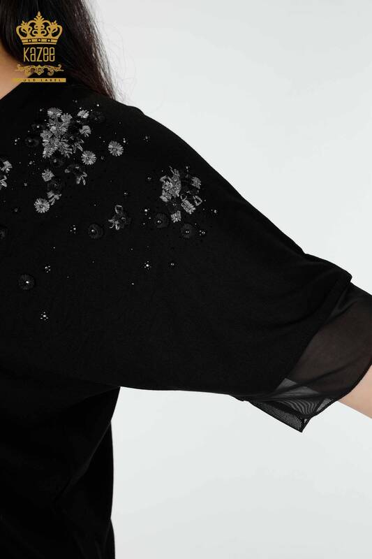 Bluză de damă cu ridicata din tul cu modele florale detaliat negru - 79032 | KAZEE