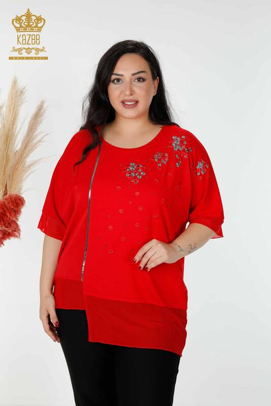 Bluză de damă cu ridicata din tul cu modele florale detaliat roșu - 79032 | KAZEE