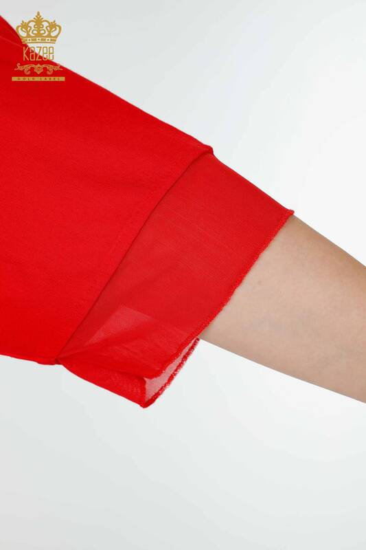 Bluză de damă cu ridicata din tul cu modele florale detaliat roșu - 79032 | KAZEE