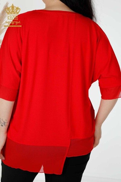 Bluză de damă cu ridicata din tul cu modele florale detaliat roșu - 79032 | KAZEE - Thumbnail