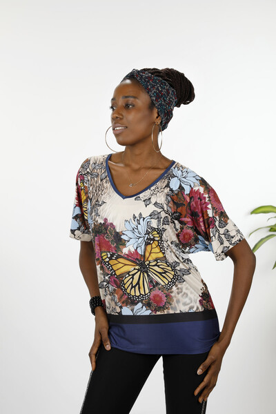 Bluză cu ridicata pentru femei cu model de fluture, brodate cu piatră -12026 | KAZEE - Thumbnail