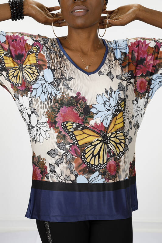 Bluză cu ridicata pentru femei cu model de fluture, brodate cu piatră -12026 | KAZEE