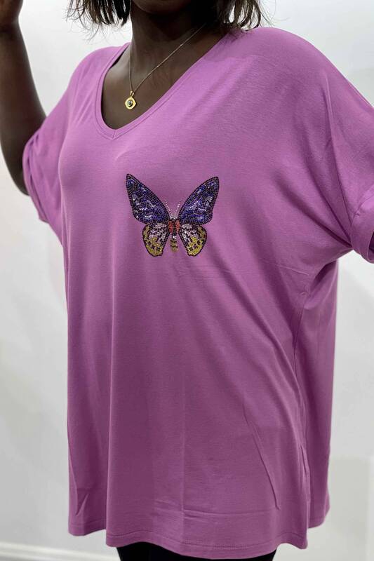 Bluză cu ridicata pentru femei cu imprimeu de fluturi și pietre brodate - 77717 | kazee