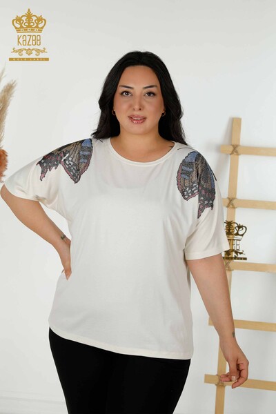 Bluză de damă cu ridicata cu model fluture Ecru - 79154 | KAZEE - Thumbnail